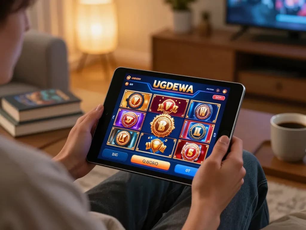 Engaging with UGDEWA online slots on a tablet in a cozy living room.