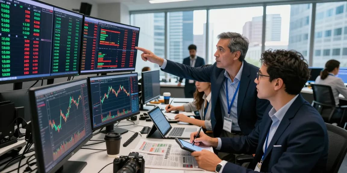 Traders analyzing stock market indices live on multiple screens in a bustling trading floor