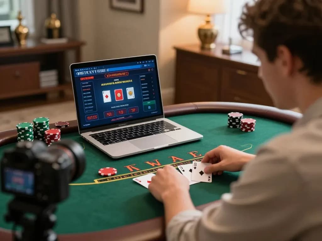 Player enjoying blackjack on rr88 in a cozy home setting, with focused gameplay visible on screen.