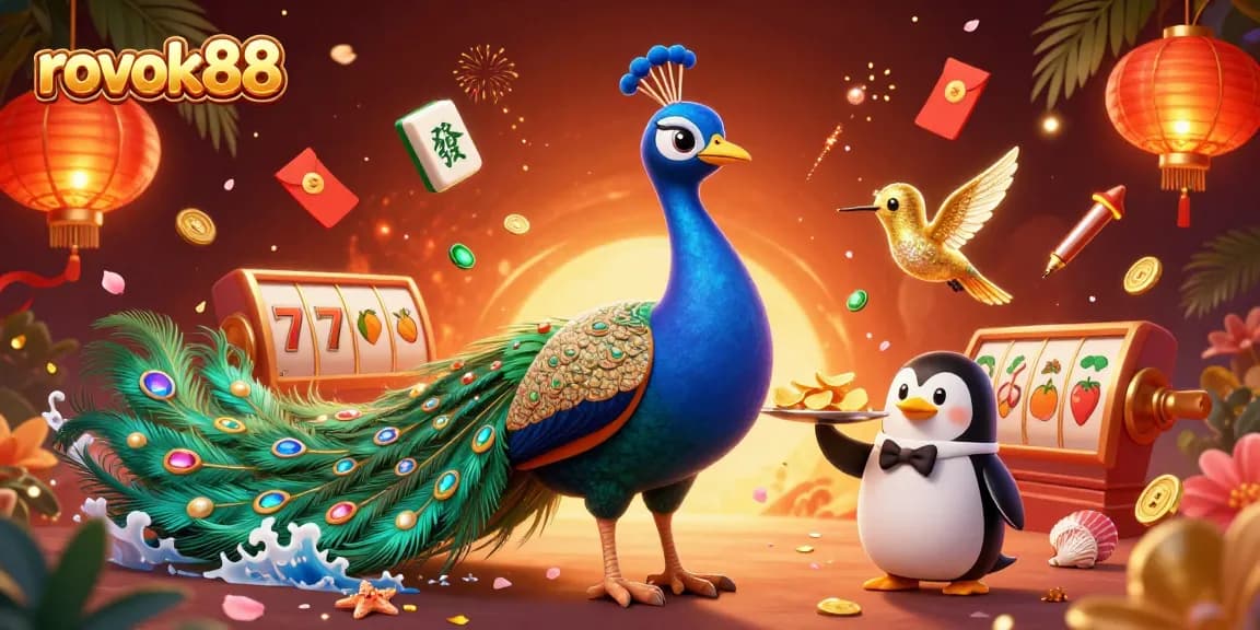 Experience rokok88 thrilling gameplay with an aristocratic peacock and golden chips in a vibrant casino scene.