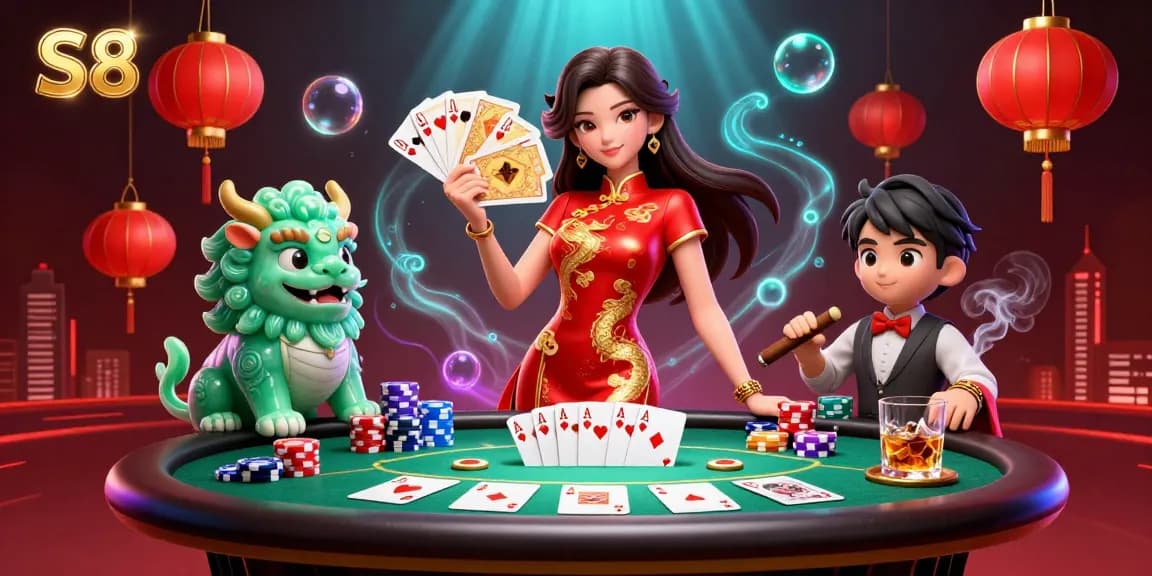 S8 presents an elegant scene with a woman in a qipao holding golden cards, surrounded by lively casino elements.