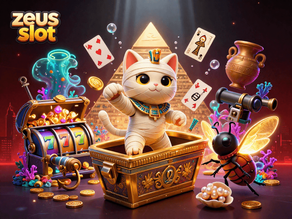 Win big with zeus slot as a mummy cat bursts from a treasure-filled sarcophagus in a vibrant casino.