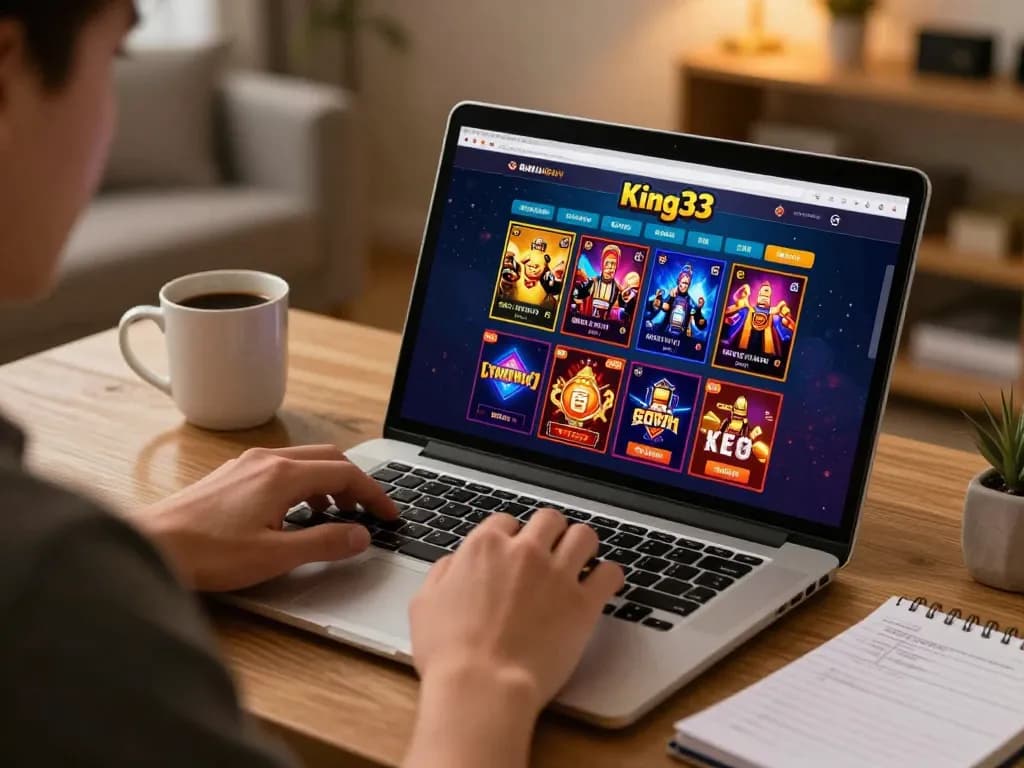 King33 player engaging in online gambling with dynamic game interface surrounded by cozy home elements.