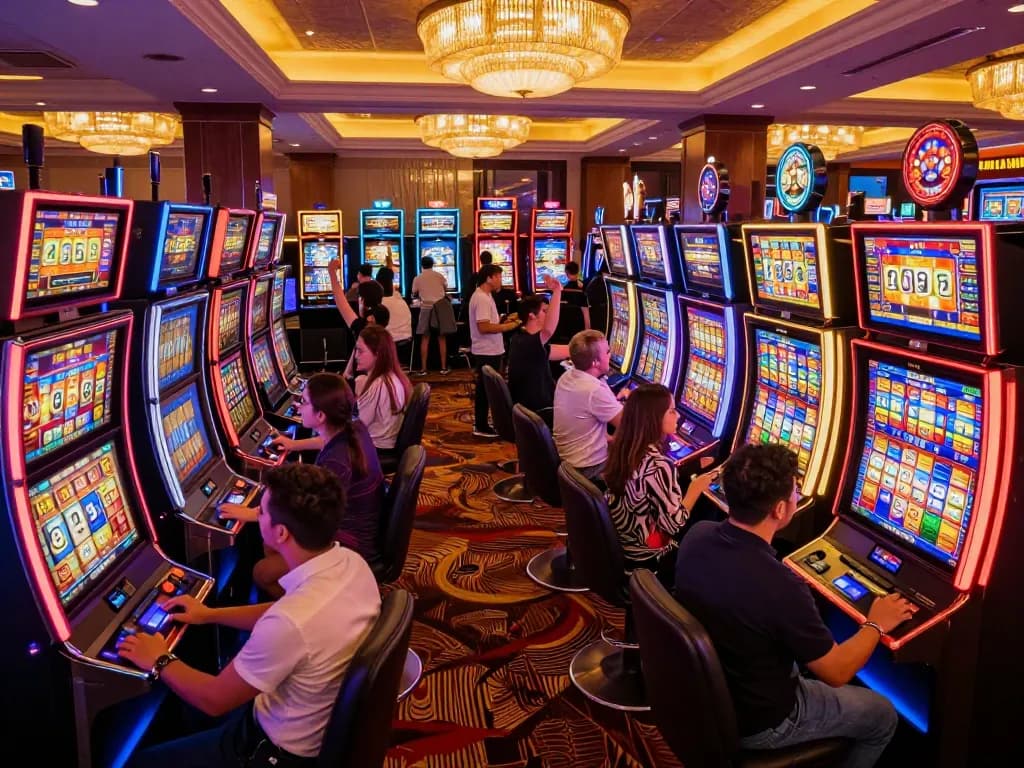 Players spinning colorful slot machines in an energetic casino atmosphere, celebrating wins.