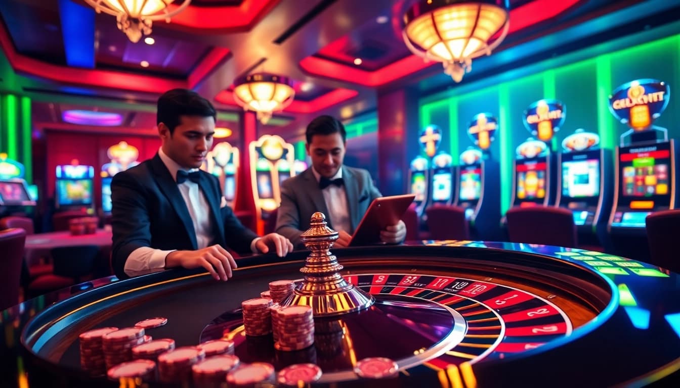 Engaged players at a roulette table embody the luck8 casino experience with vibrant colors and excitement.