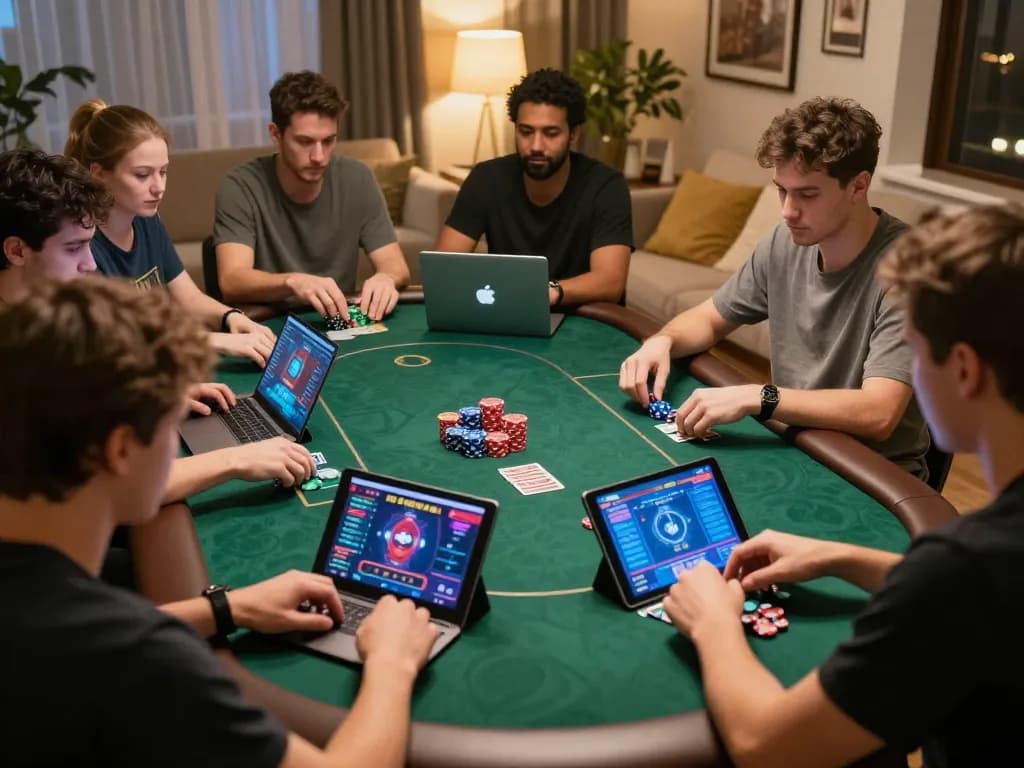 Leci123 players strategically engaging in an online poker game in a cozy home setting.