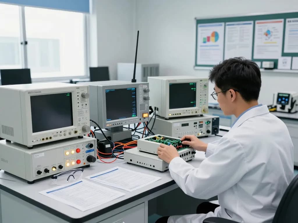 Engineer performing FCC certification testing in a modern lab setting with advanced equipment.