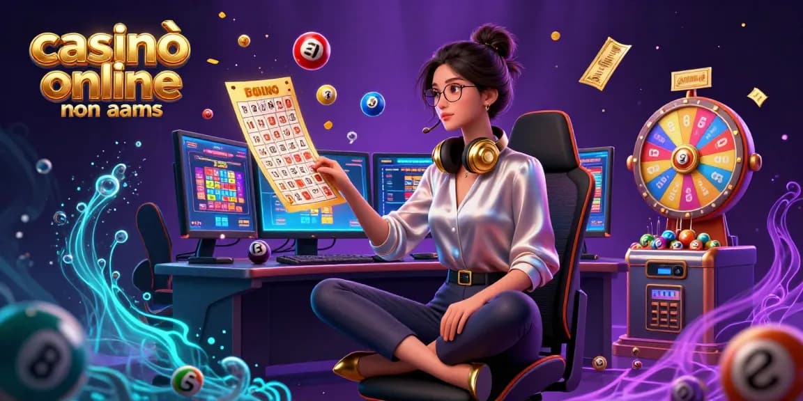 Scene di casinò online non AAMS che mostrano elementi di gioco dinamici e una donna asiatica elegante in un ambiente tecnologico.