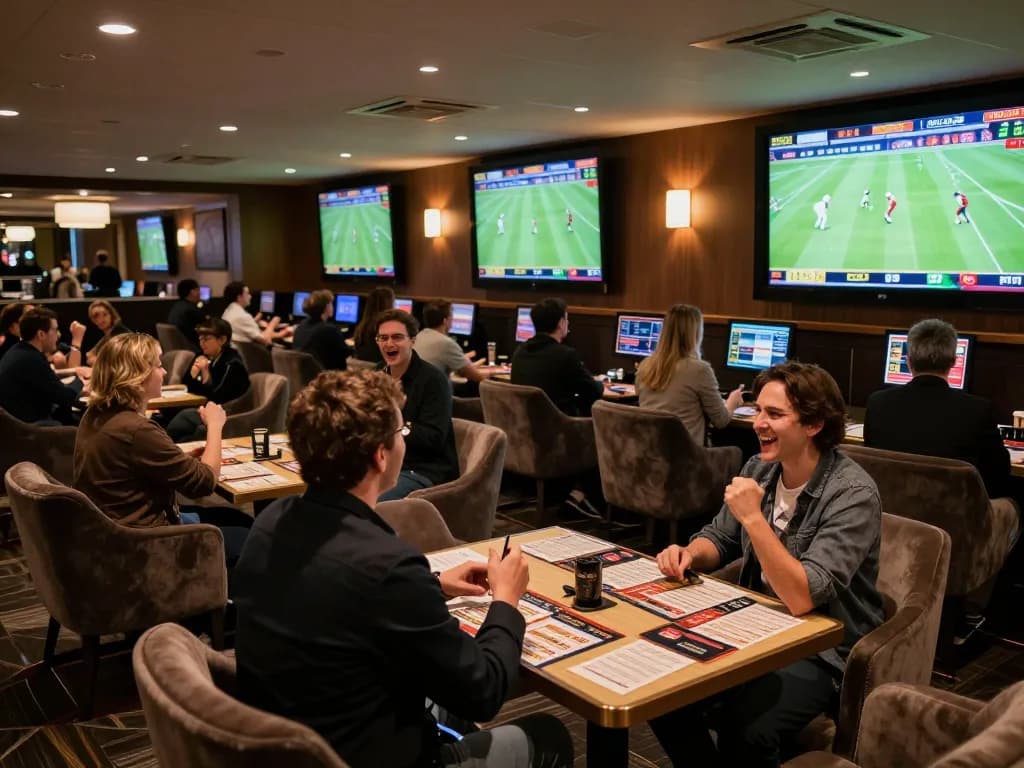 Kèo nhà cái sports betting lounge filled with excited patrons watching live football match