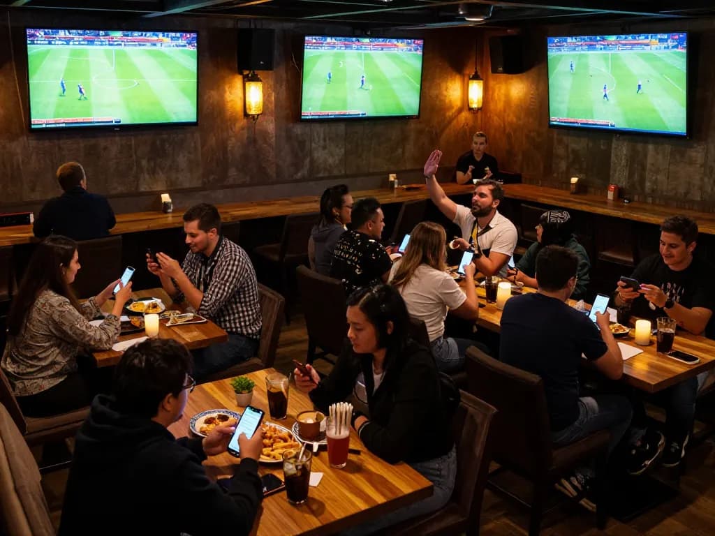 Sports enthusiasts engaging in trang cá cược bóng đá via mobile apps in a lively sports bar setting