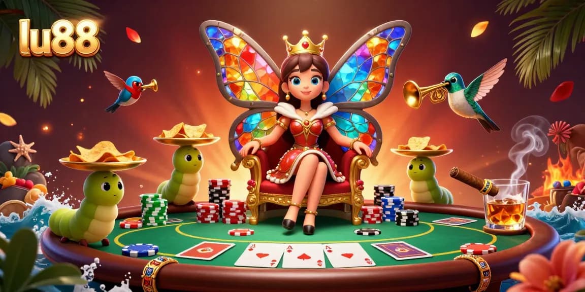 Players engage in exhilarating poker games at lu88, with colorful chips and vibrant characters.