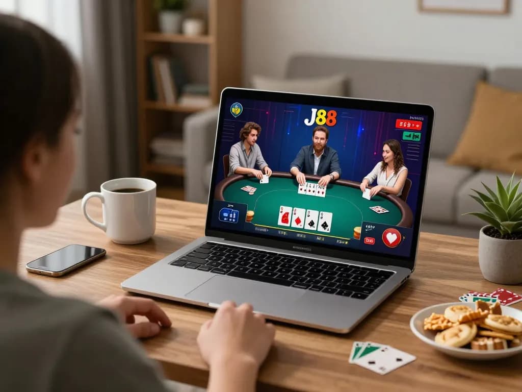 Engaging online poker gameplay featuring j88, with players strategizing in a cozy home environment.