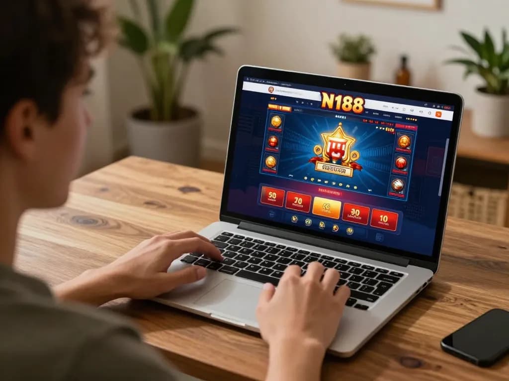 Player strategizing on N188 while gaming online, showcasing an engaging home casino atmosphere