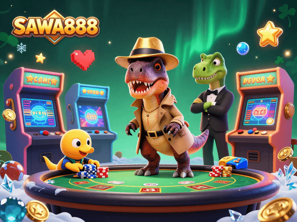 Watch SAWA888's cartoony velociraptor card counter amidst vibrant gaming scenes in a casino setting.