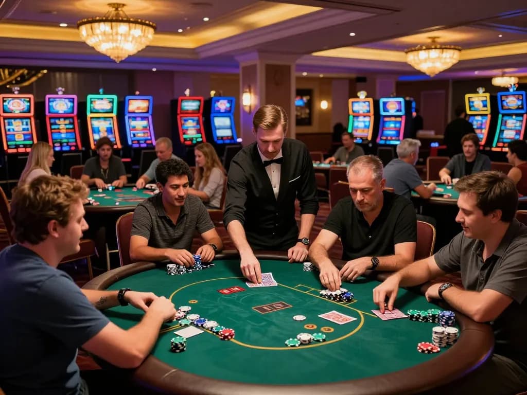 77WIN players enjoying strategy-driven poker games on a vibrant casino floor