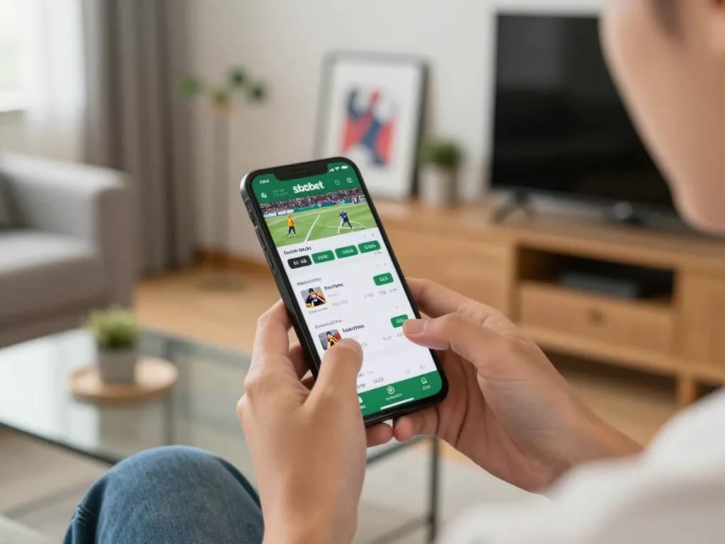 Engaging in sbobet online sports betting via smartphone, showcasing live odds in a cozy setting.