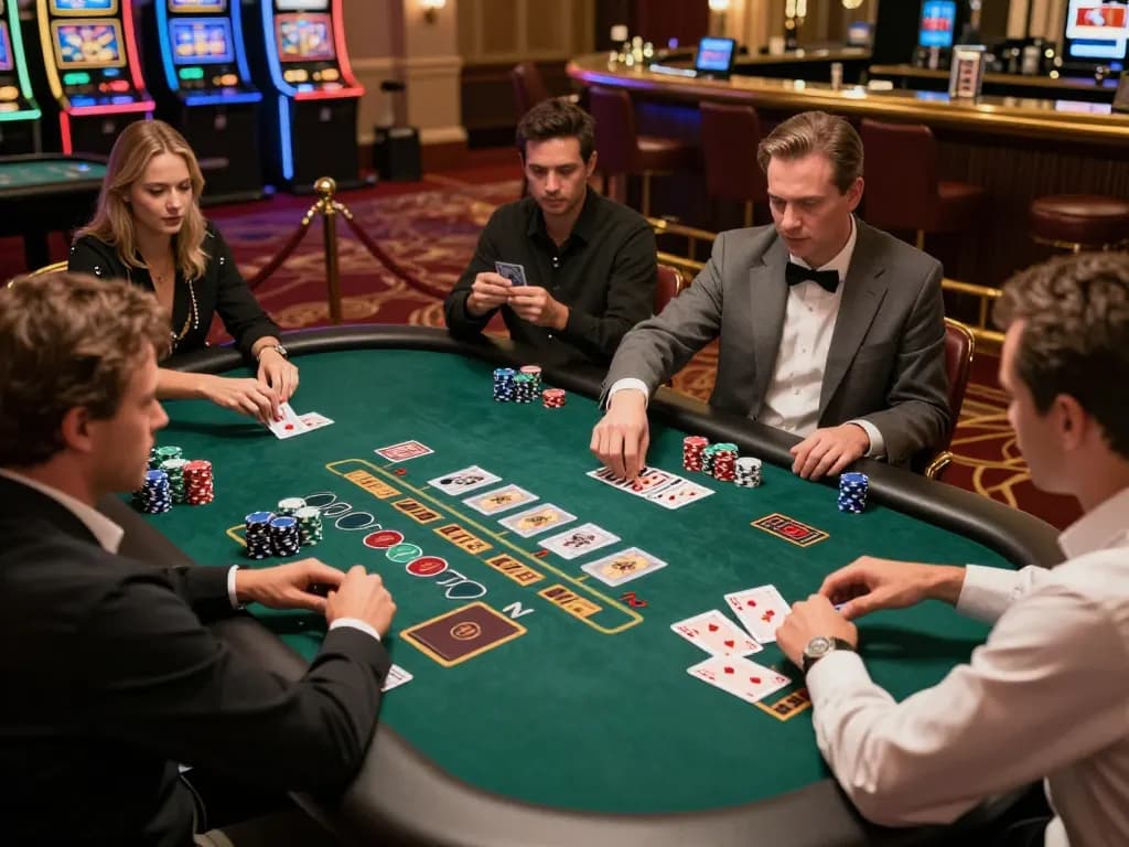 SHBET players making strategic moves at a high-end blackjack table in a luxurious casino.