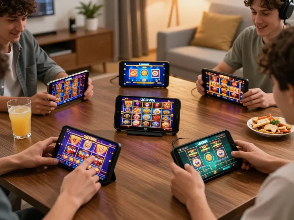 Players enjoying UGDEWA gaming on mobile devices, capturing strategic and exciting moments in a cozy home environment.