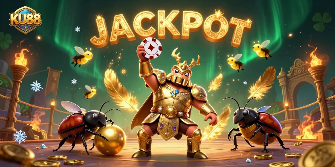 Celebrate wins at KU88 with an epic casino battle scene featuring a victorious beetle.