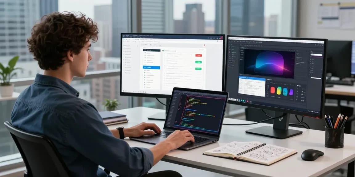 Developer using a responsive checker tool in a modern workspace, showcasing screen sizes and code.