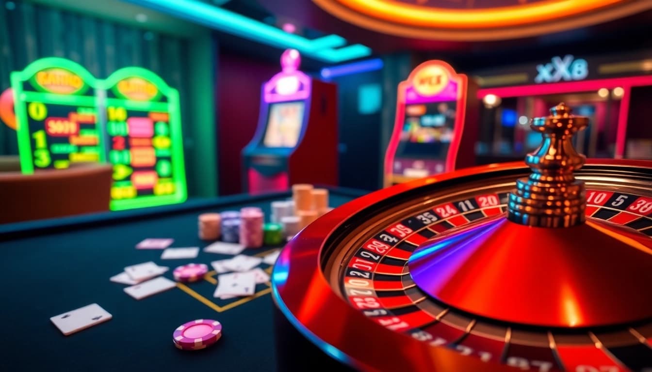 Experience the excitement of trang chủ xx88 with vibrant casino visuals of poker chips and a roulette wheel.