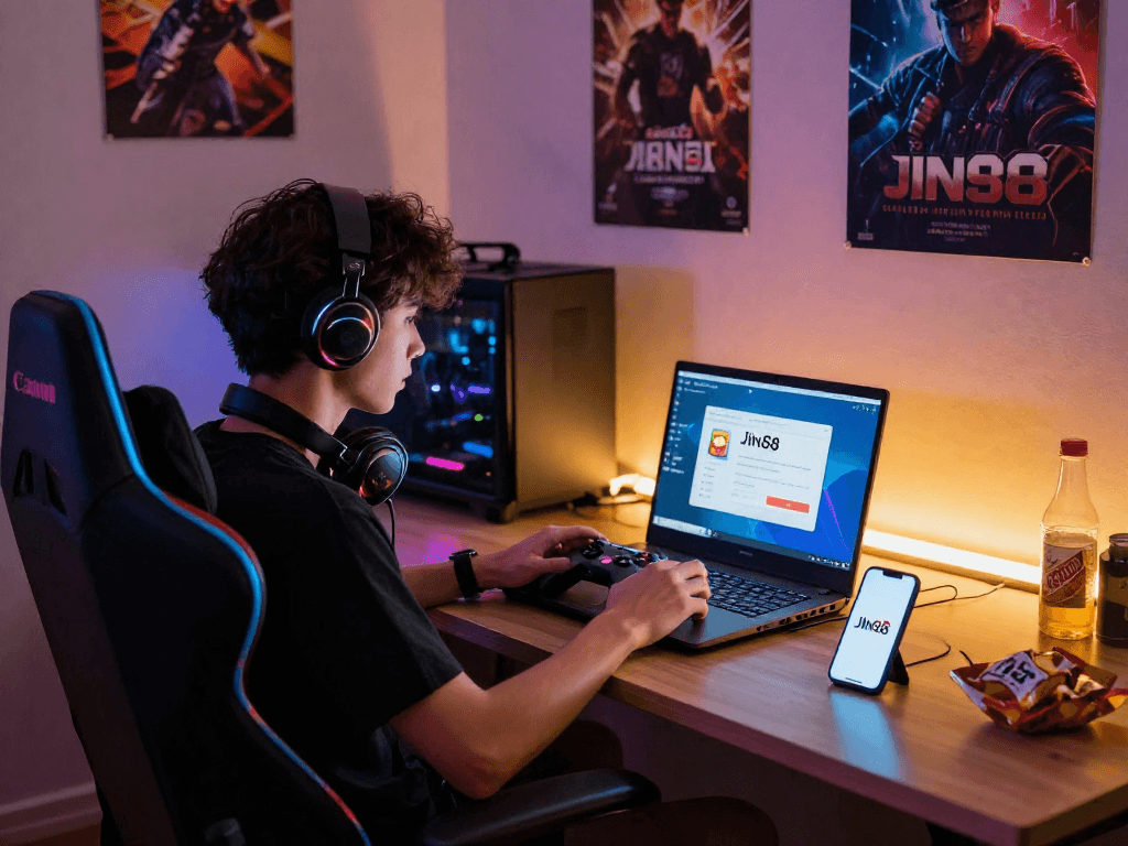 Tải xuống ứng dụng Jin88 trên laptop của game thủ trong không gian hiện đại và sống động