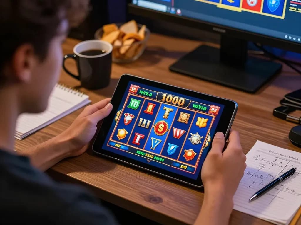 Player using tablet for online slots, emphasizing deposit 1000 for quick and easy gameplay.