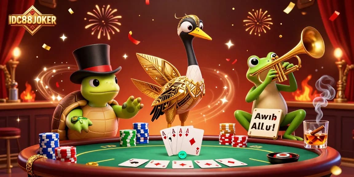 Experience thrilling jackpots at IDC88JOKER with a vibrant casino scene featuring poker elements and playful characters.