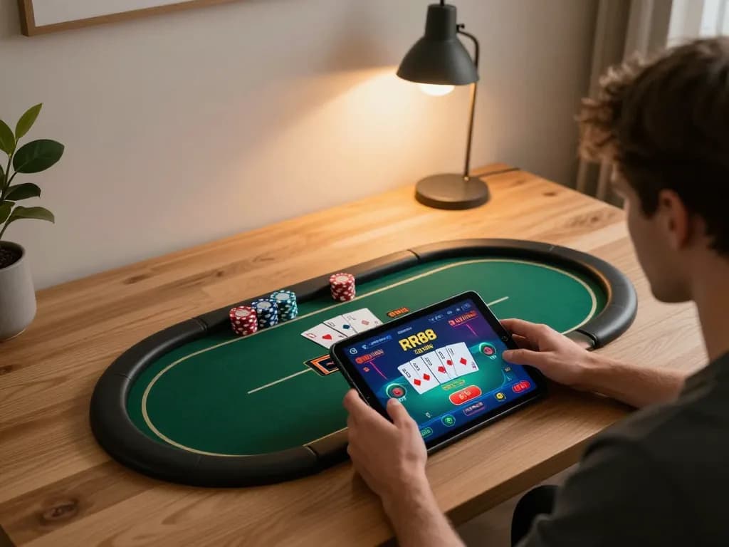 Player enjoying an RR88 online casino game on a tablet, engaging in strategic gameplay at home