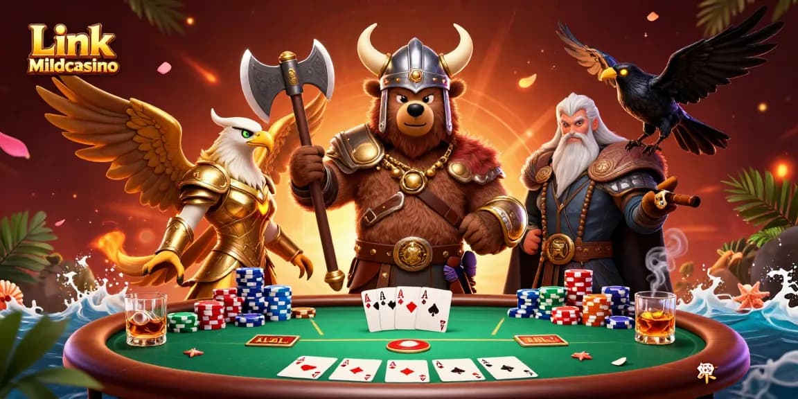 Engage with Link Mildcasino at a vibrant poker scene featuring dynamic gaming elements and exciting characters.