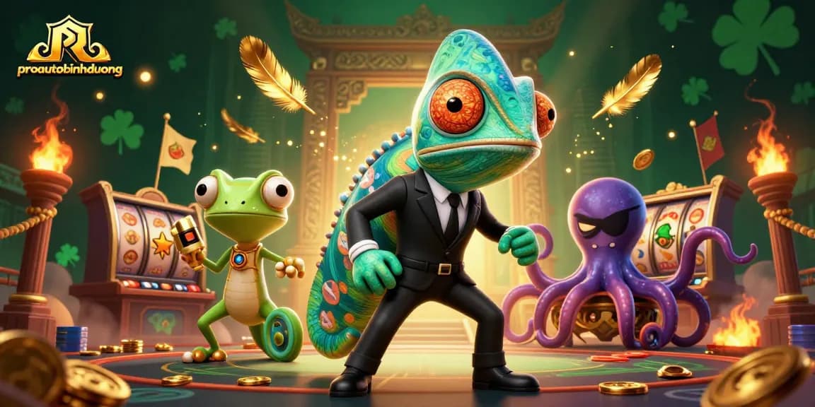 Engage in thrilling casino action with proautobinhduong's vibrant chameleon and gadget-loving gecko.