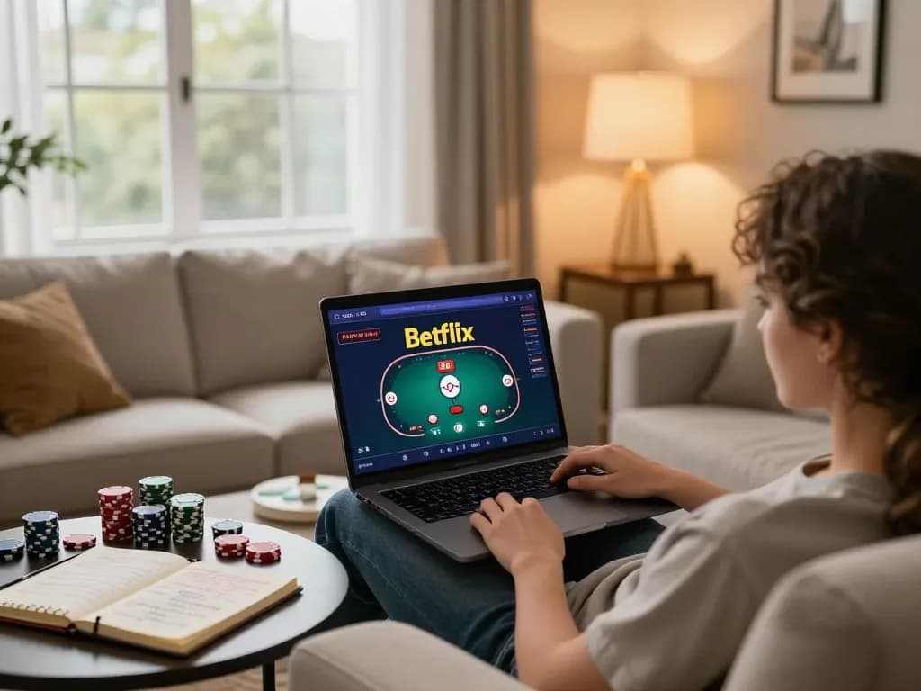Engaging in betflix poker online from a cozy home setup with chips and strategy notes nearby.
