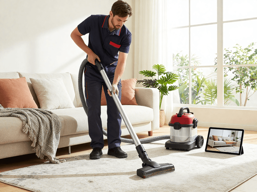 Usługa prania tapicerki panda-cleaner.pl w nowoczesnym salonie, technik używa maszyny czyszczącej na jasnej sofie.