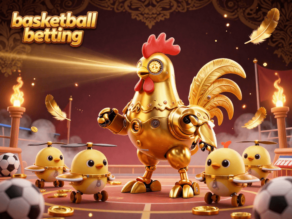 Bettors embrace basketball betting in a vibrant arena scene featuring a golden rooster robot and baby chick drones.