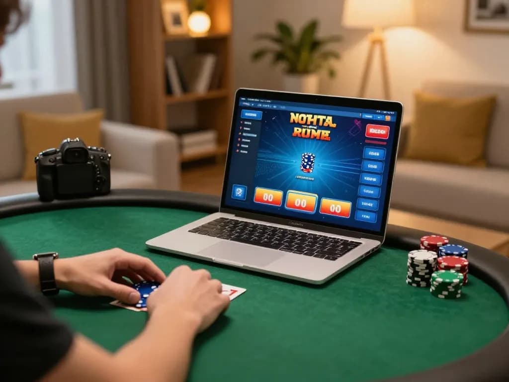 Playing poker online with a vibrant interface on laptop, showcasing amigogrillandco strategy.