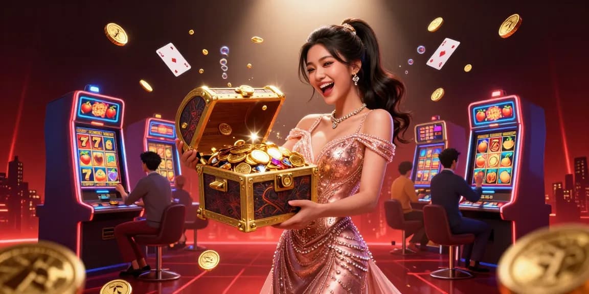 Experience thrilling wins with gimp stuff as a stunning woman showcases treasures from a vibrant casino environment.