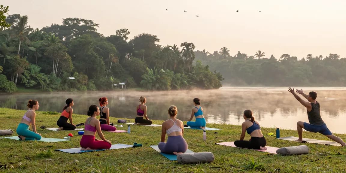 Yoga teacher training Sri Lanka session by the lake at sunrise with students in vibrant attire.