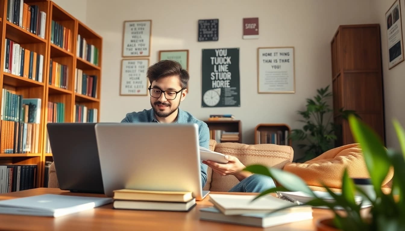 Engaging remote exam help session with a tutor guiding a student in a cozy study setting.