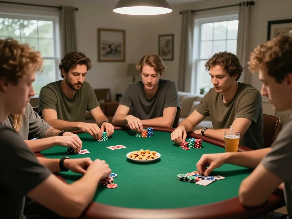 Engaged friends enjoying Kèo nhà cái action during home poker night with focused gameplay.