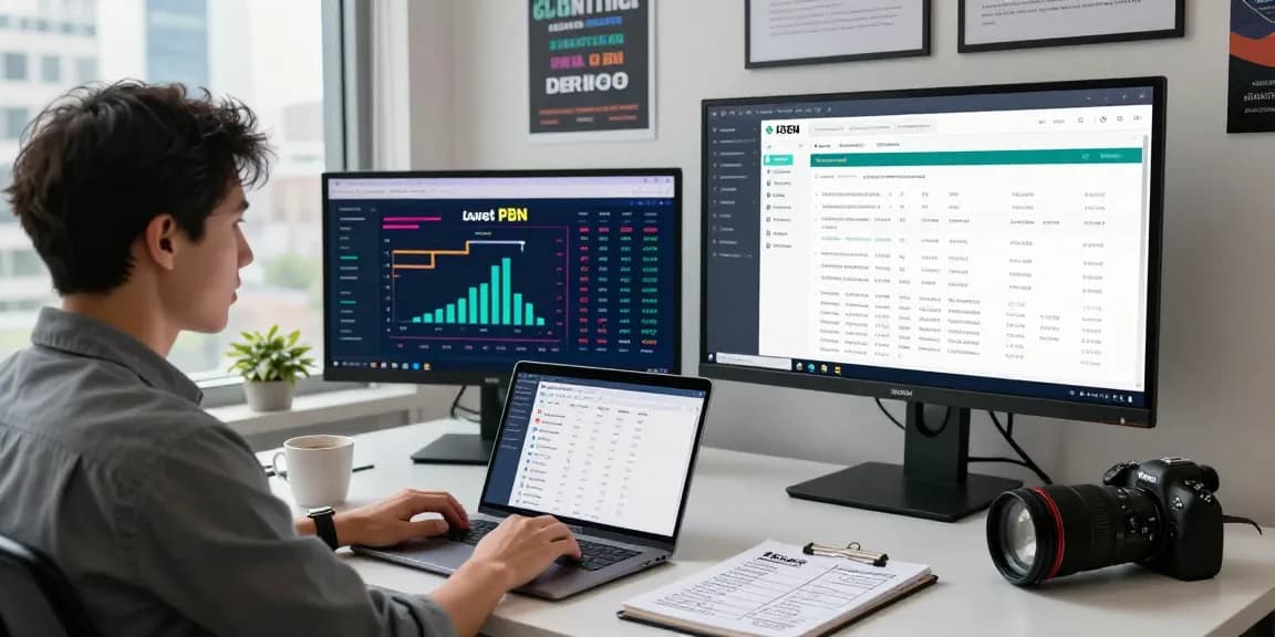 Digital marketing expert analyzing casino tier 2 link building strategies with SEO tools in a modern workspace