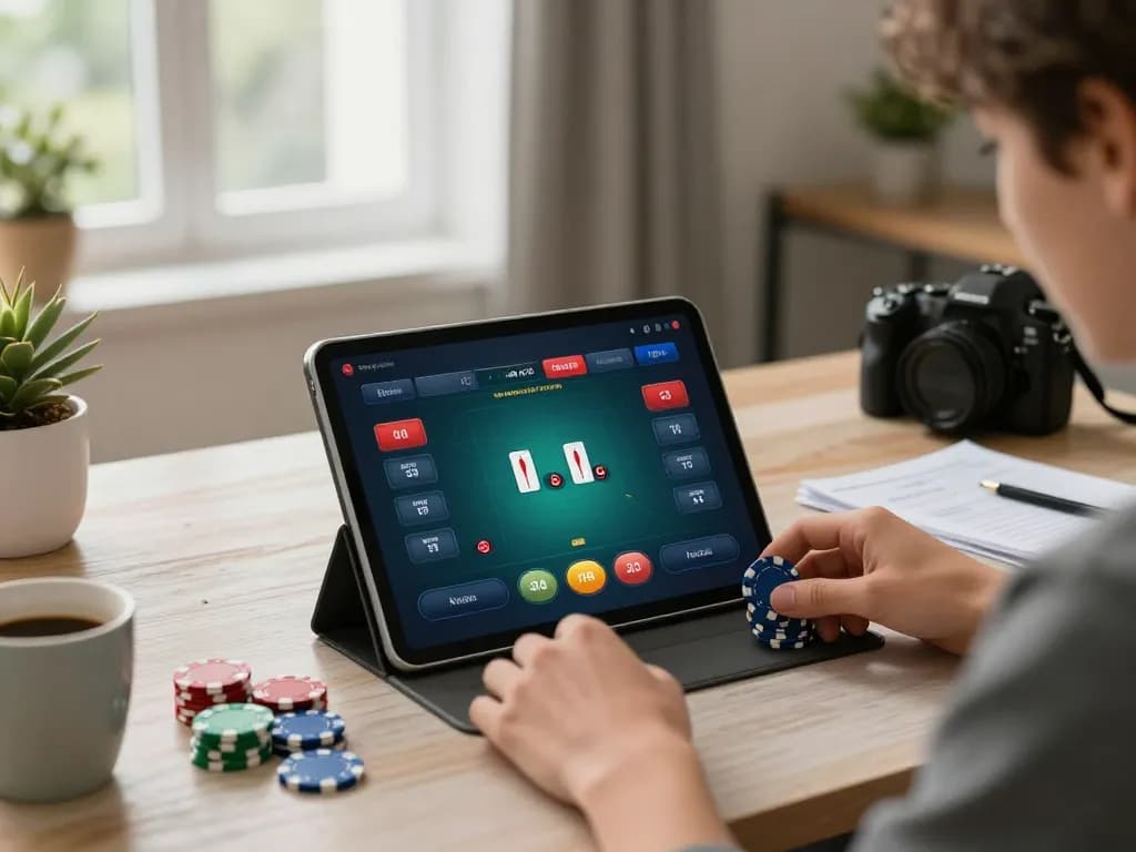 TG88 player strategizing in an engaging online poker game at home, showcasing responsible gaming.