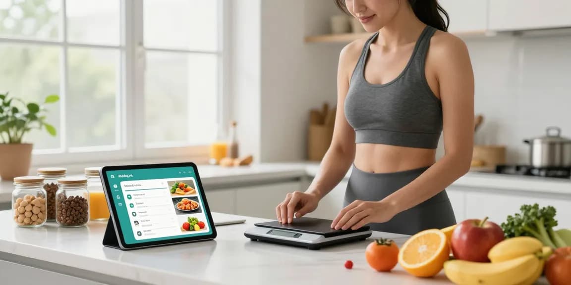 The best weight loss app showcased by a woman preparing a healthy breakfast with ingredient measurements and Welling app on the tablet.