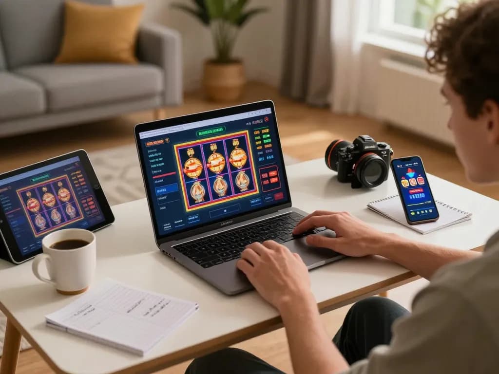 Person enjoying 75W online gaming session, engaged with laptop and phone, cozy atmosphere, responsible entertainment