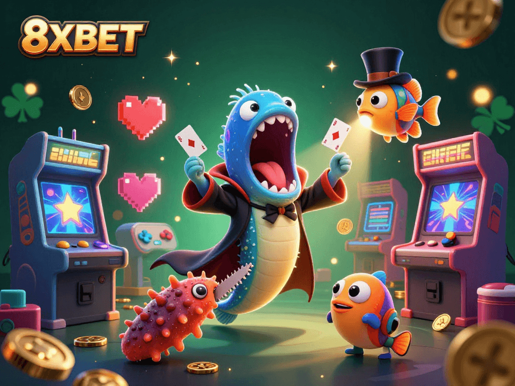 Experience the entertaining magic of 8XBET with lively casino-themed characters and vibrant gaming elements.