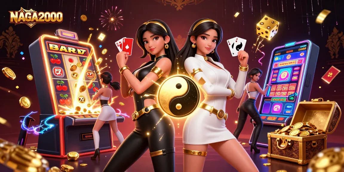 NAGA2000 menampilkan adegan menarik dua wanita Asia kembar di lingkungan kasino, memegang kartu bermain di tengah ledakan jackpot.