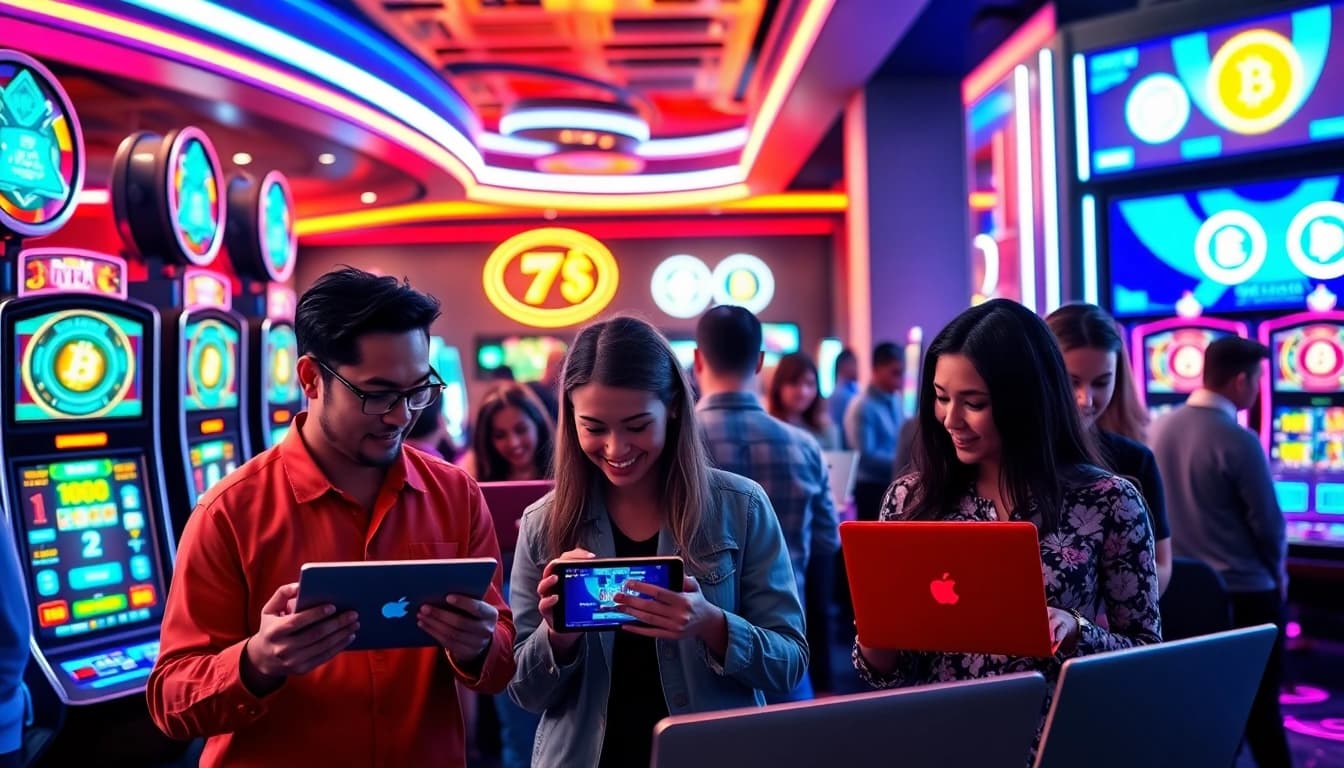 Exciting scene of a crypto casino site with players engaged in gaming activities and vibrant atmosphere.