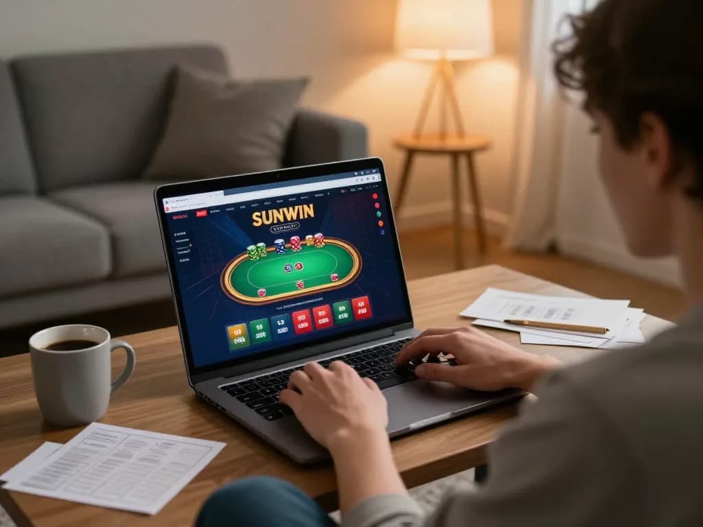 SUNWIN online gaming session with a player engaging in poker at home, showcasing a cozy atmosphere.