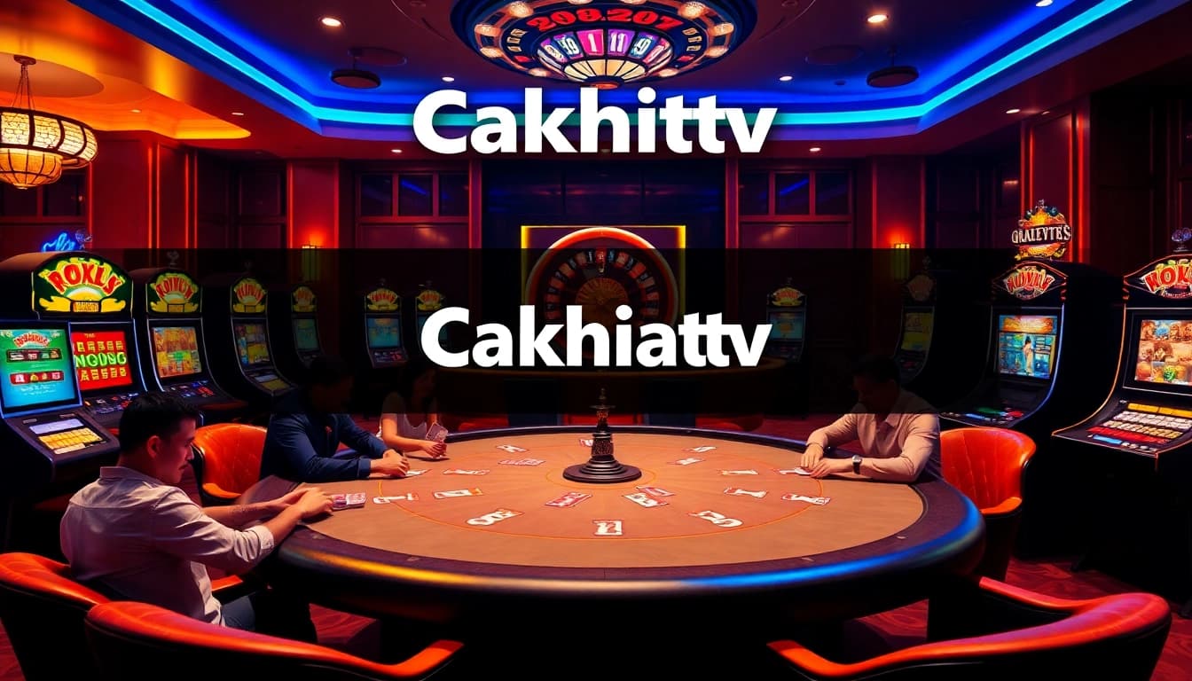 Cakhiatv showcases an exciting live poker game scene with casino elegance and vibrant slot machines.