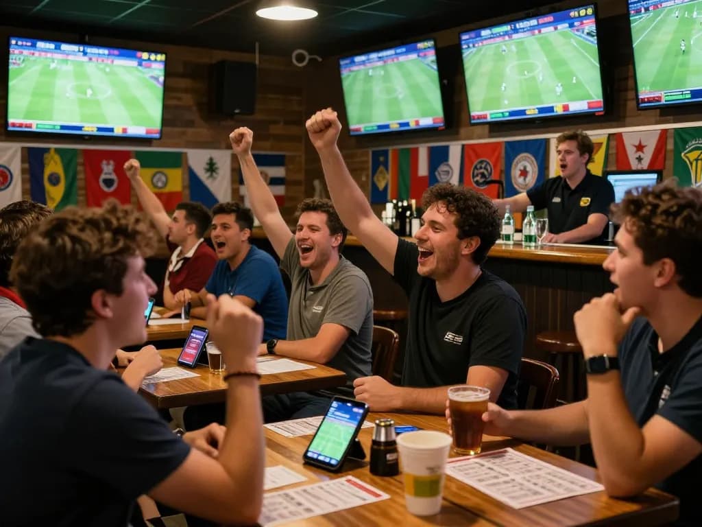 Kèo nhà cái displayed on screens in a bustling sports bar as fans celebrate live football matches.