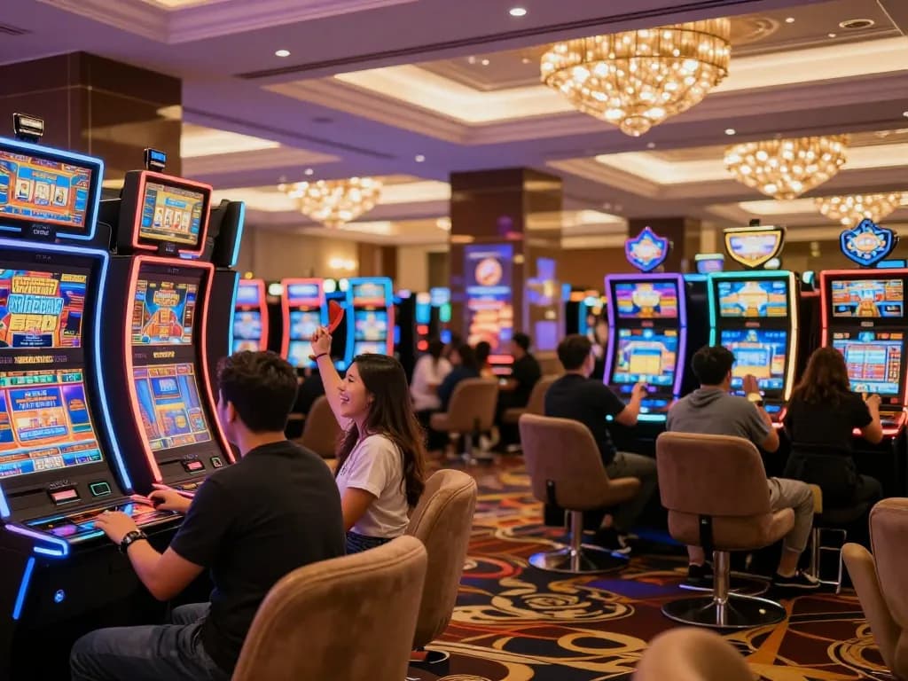 Players celebrating wins in a vibrant casino atmosphere at 8kbet, surrounded by colorful slot machines.
